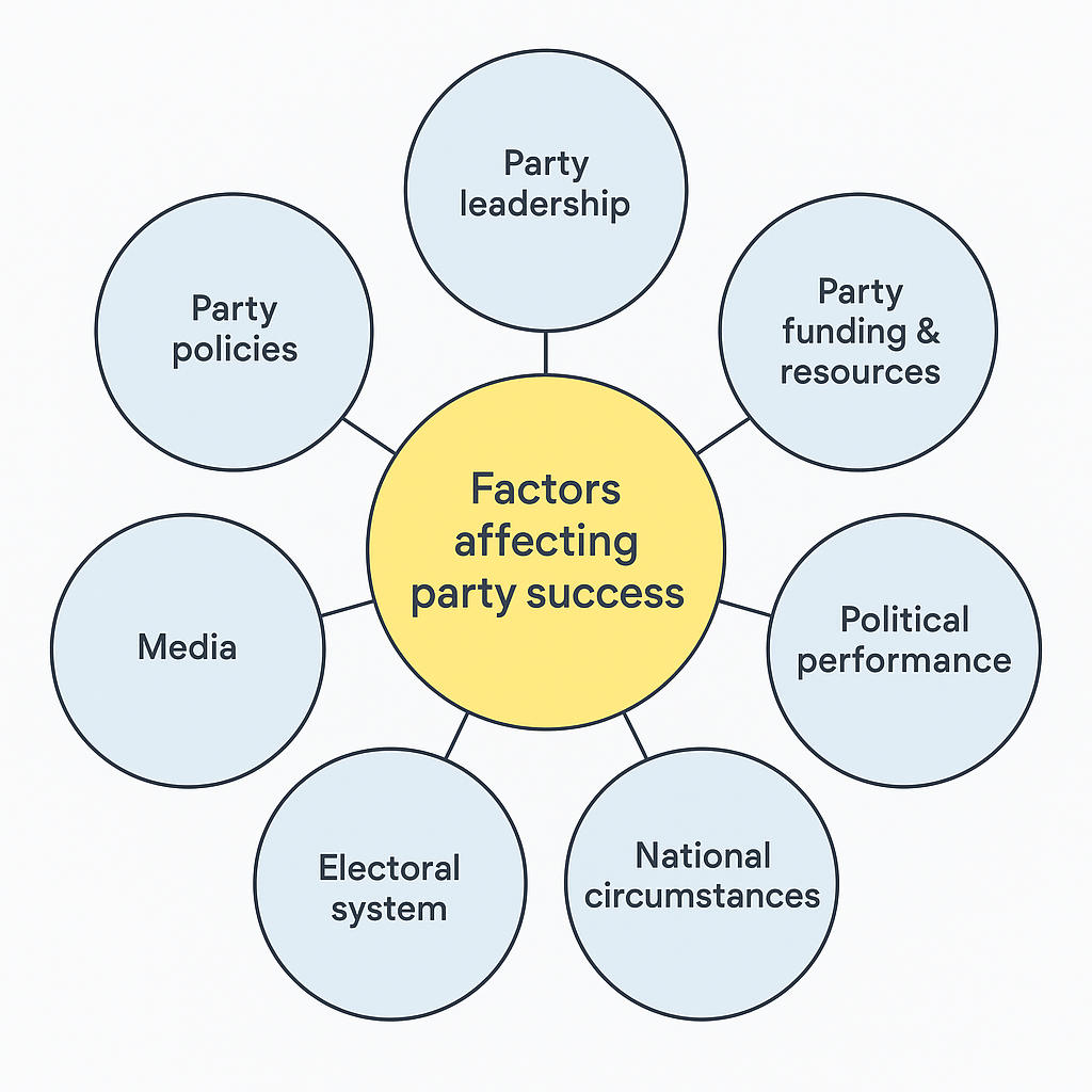 Diagram showing factors affecting party success: leadership, policies, funding, performance, media, electoral system, and national circumstances.