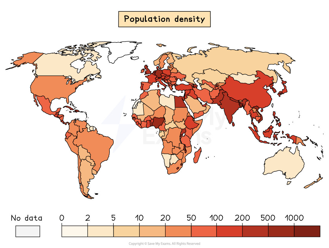 World map showing population density by country, ranging from light beige for low density to dark red for high density, with no data in white.