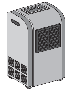 Illustration of a portable air conditioning unit with control buttons on top, air vents on the front and side, and small wheels on the bottom.