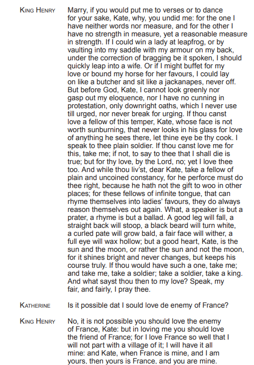 Text from William Shakespeare's "Henry V", Act 5, Scene 2, dialogue between King Henry and Katherine, discussing love and France.