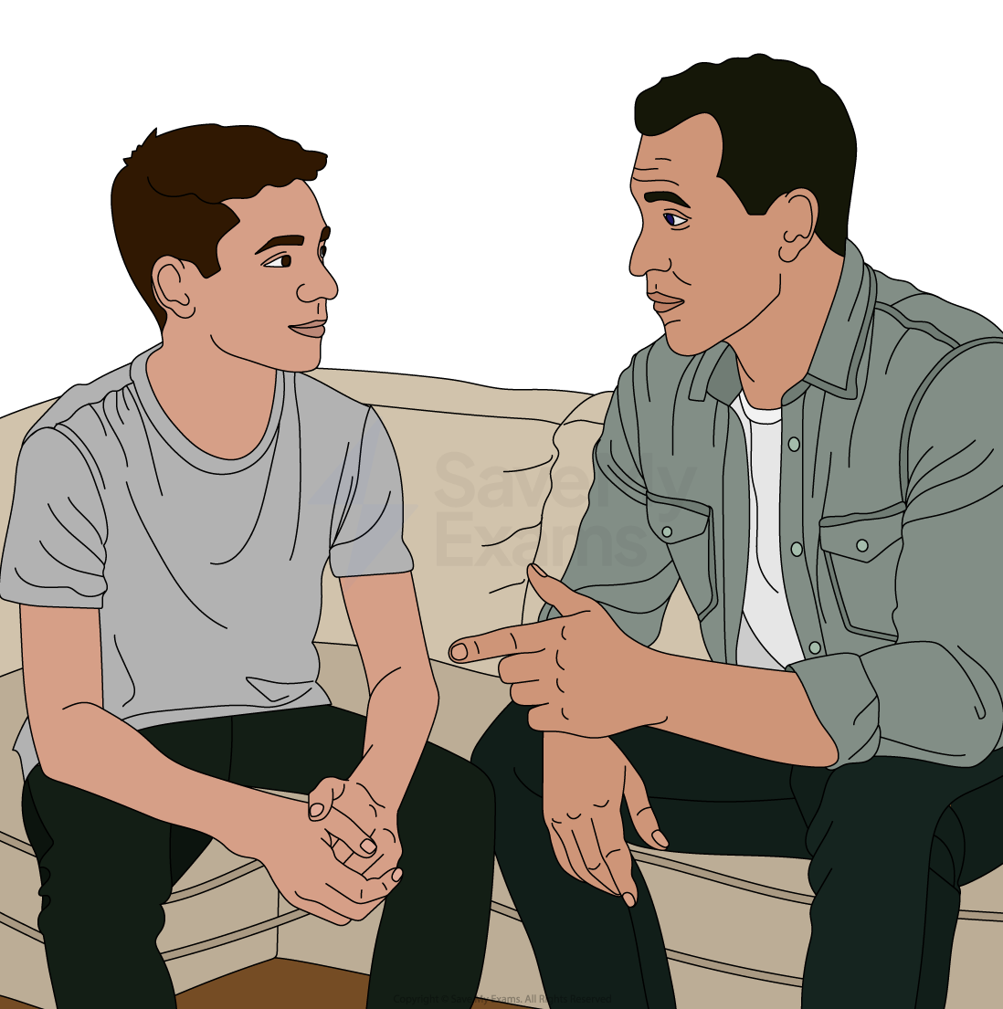 Two people are sitting on a sofa, engaged in a conversation. The person on the right gestures with their hand while talking.