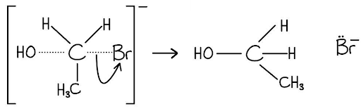 Chemical reaction diagram showing a bromine ion (Br⁻) leaving a hydrocarbon molecule with hydroxyl (OH) and methyl (CH₃) groups, forming an alcohol.
