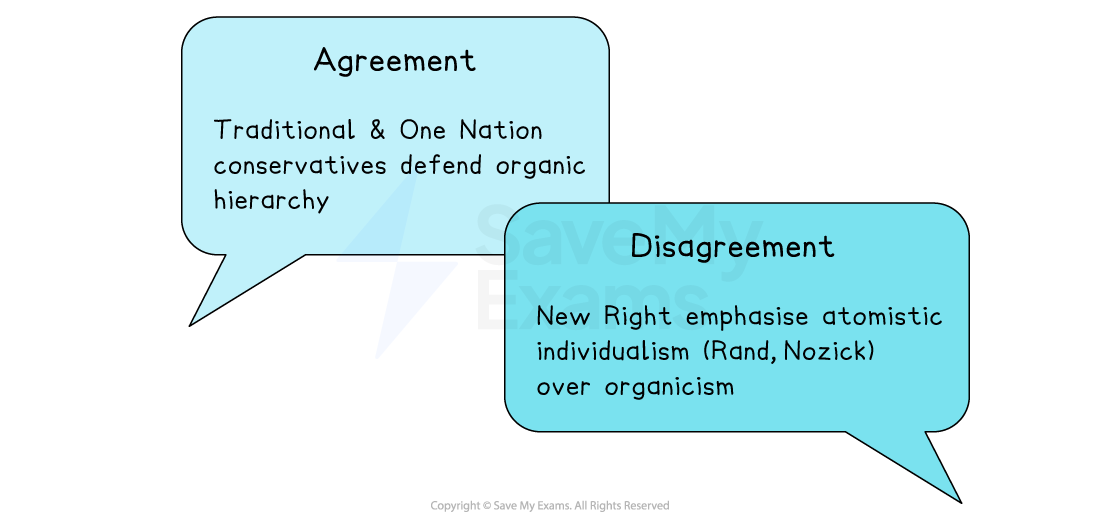 Two speech bubbles: Left states agreement on traditional conservatives defending hierarchy; right shows disagreement, New Right favours individualism over organicism.