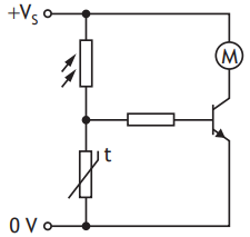 Circuit diagram showing a motor connected to a transistor, with a photodiode and a variable resistor between positive supply and ground.