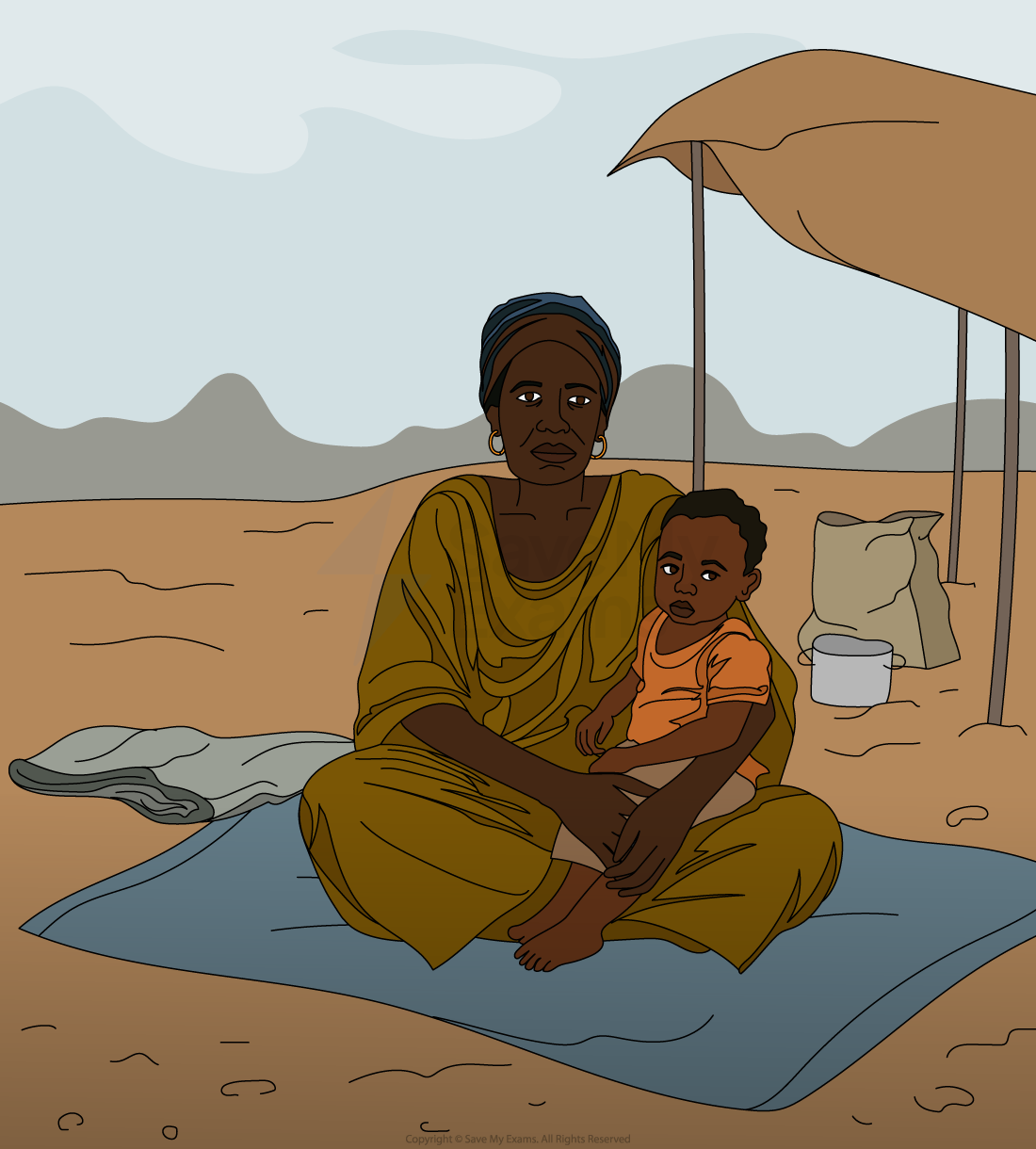 Woman in a yellow dress and headscarf sits on a mat in a desert setting, holding a young child. Nearby are sacks and a makeshift shelter.
