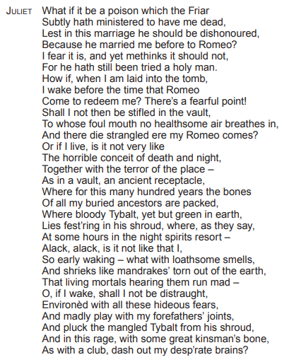 A monologue by Juliet from Shakespeare's "Romeo and Juliet," expressing fear and apprehension about taking a potion. She questions if it might be poison.