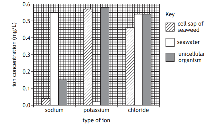 Bar chart comparing ion concentrations of sodium, potassium, and chloride in seawater, seaweed cell sap, and a unicellular organism up to 0.6 mg/L.