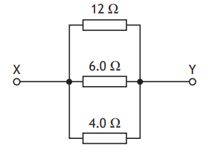 Parallel circuit diagram with three resistors: 12 ohms at the top, 6 ohms in the middle, and 4 ohms at the bottom, connected between points X and Y.