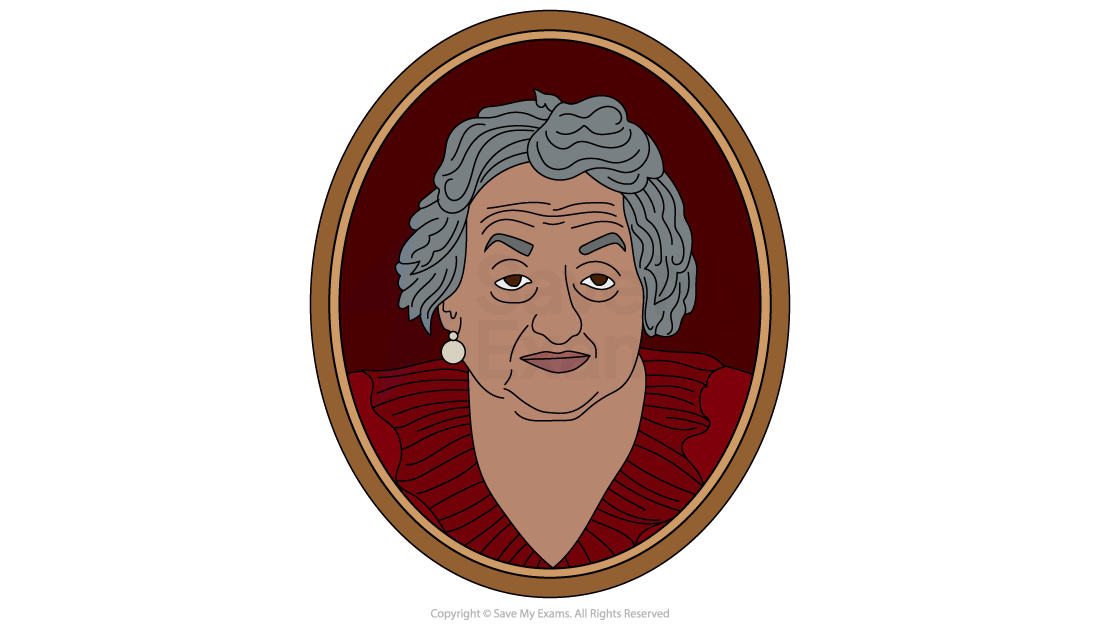 Illustration of an elderly woman with grey hair, pearl earrings, and a red blouse, set in an oval frame against a dark red background.