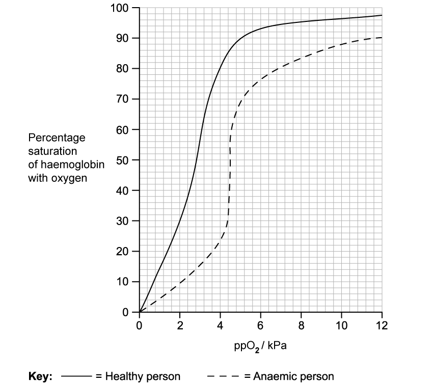 Graph showing haemoglobin oxygen saturation curves: solid line for a healthy person and dashed line for an anaemic person versus oxygen pressure.