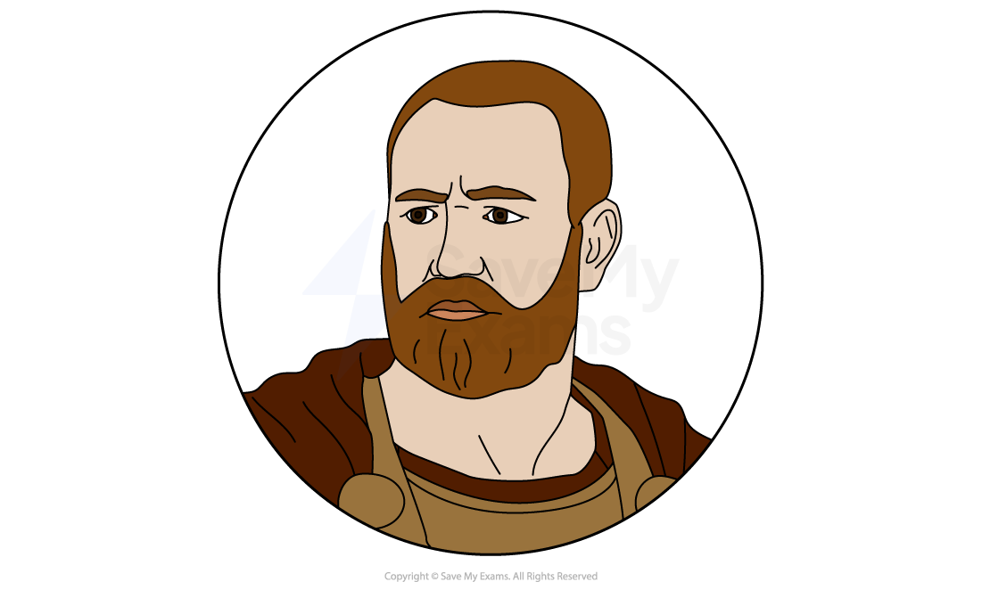 Illustration of a bearded man with a serious expression, wearing brown and gold armour, viewed in a circular frame on a white background.