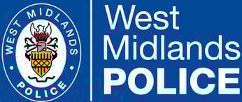 West Midlands Police logo featuring a crest with a yellow and black shield, surrounded by the text "West Midlands Police" on a blue background.