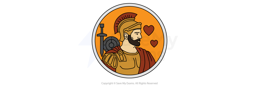 Illustration of a bearded warrior in armour with a sword and shield, set against an orange background with two red hearts.