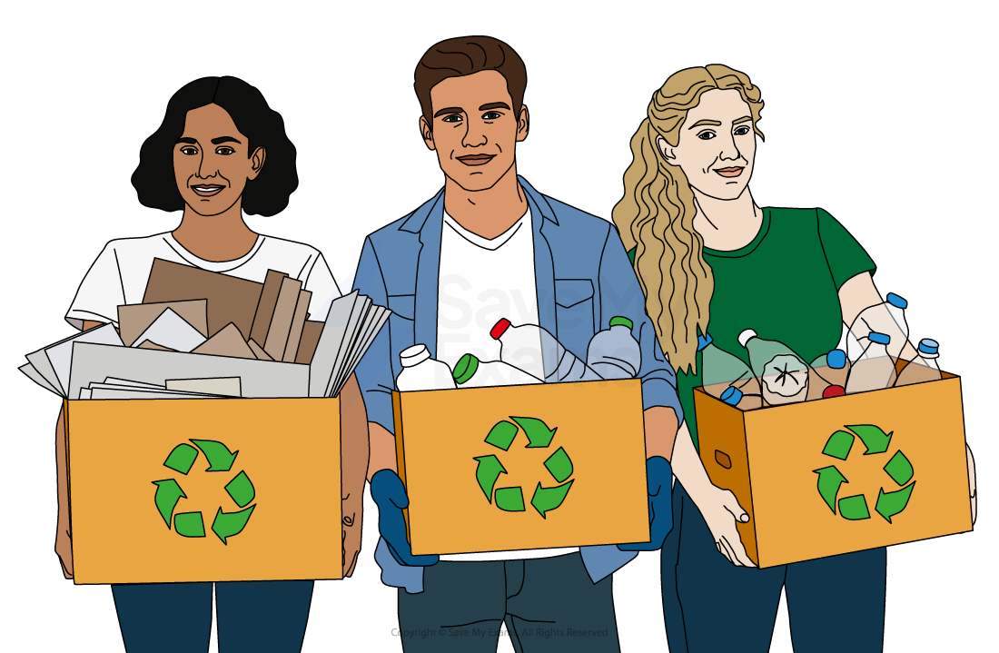 Three people holding boxes with recycling symbols, filled with paper and plastic bottles, promoting environmental conservation and teamwork.
