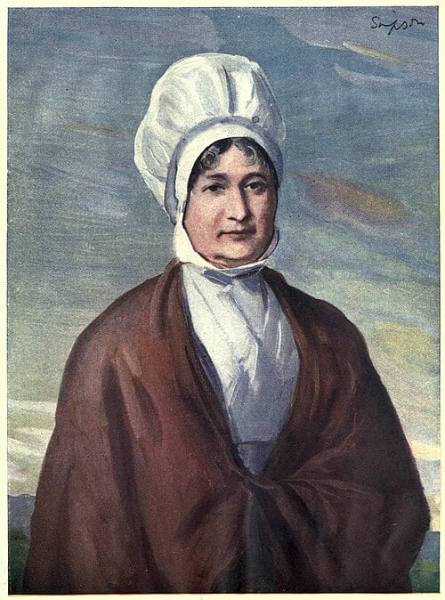Portrait of a woman wearing a white bonnet and brown shawl, set against a blurred, muted background with soft colours and brushstrokes.