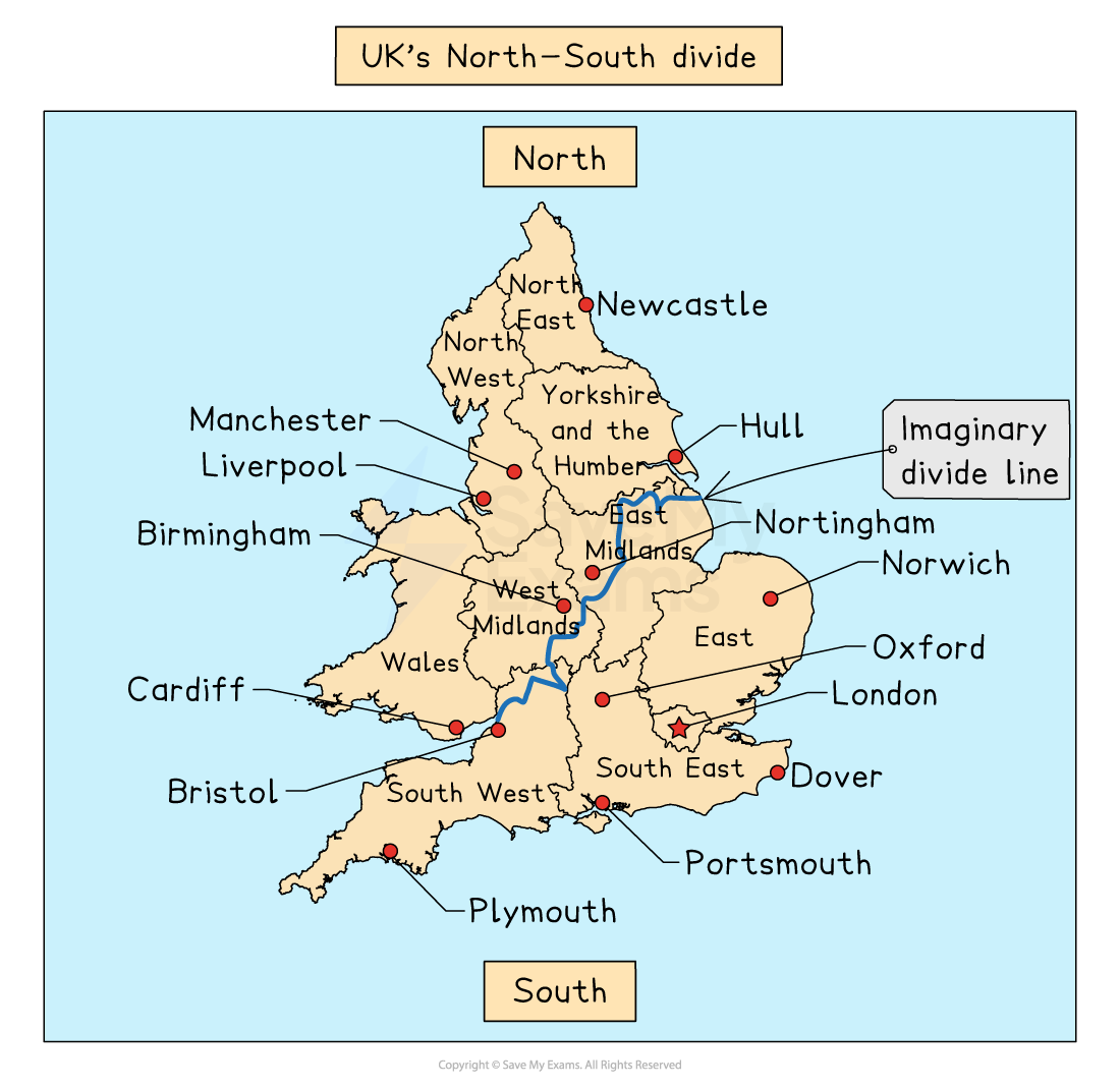 Map of England showing regions and cities with an imaginary divide line. Regions include North East, North West, West Midlands, and South East.