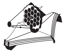 Illustration of a space telescope with a hexagonal mirror array and sunshield, featuring a design with multiple intricate support structures.