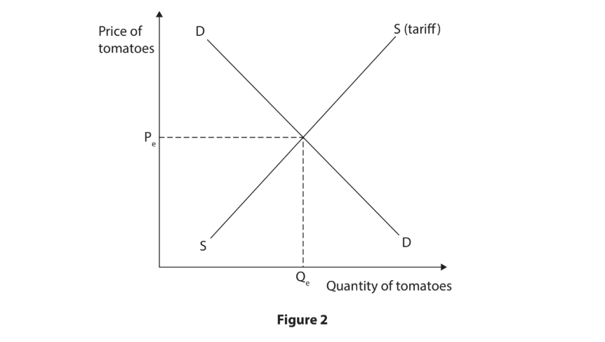 Supply and demand graph for tomatoes with price and quantity axes. Curves intersect at equilibrium, labelled Pe and Qe. Tariff shifts supply curve left.