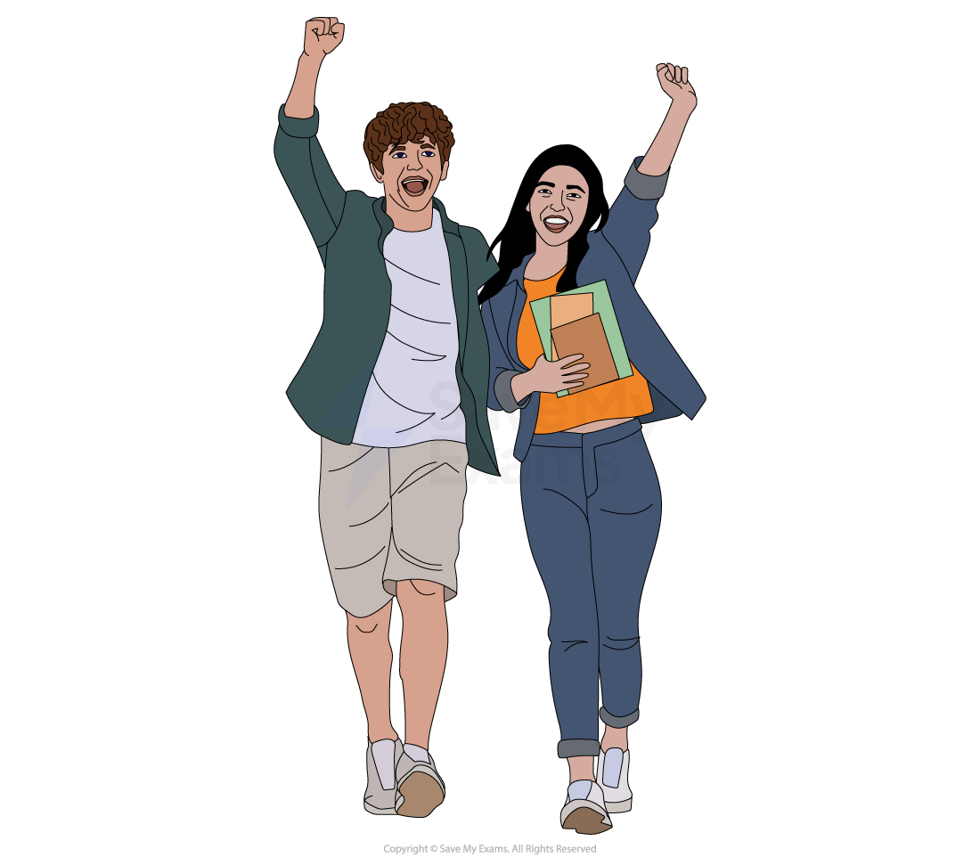 Two smiling people walking with arms raised in celebration; one holds books under their arm, both wear casual clothes and trainers.