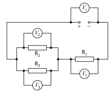 Electrical circuit diagram with three resistors, R1, R2, and R3, two voltage sources, V1 and V2, and one battery, Vs, connected in a network.