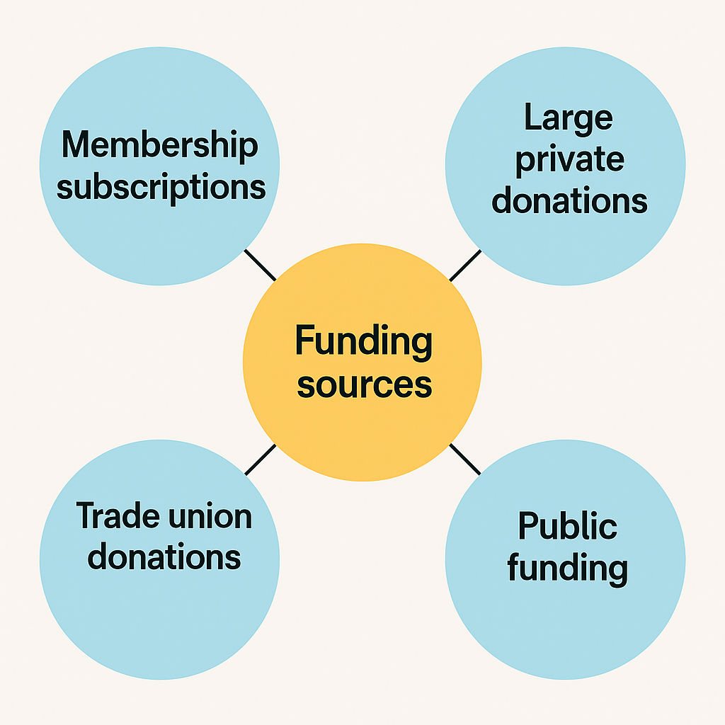 Diagram of funding sources includes membership subscriptions, large private donations, trade union donations, and public funding connected to a central circle.