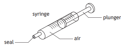 Diagram of a syringe with labelled parts: plunger, air, syringe, and seal, illustrating its structure and function in a medical context.