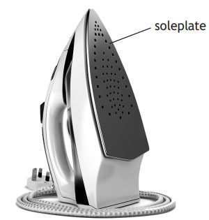 A shiny silver electric iron with a pointed soleplate is shown, accompanied by a labelled arrow pointing to its soleplate, and a coiled power cord with plug.