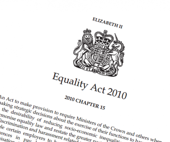 Title page of the Equality Act 2010 document, featuring the royal coat of arms and text on legislative provisions in the UK.