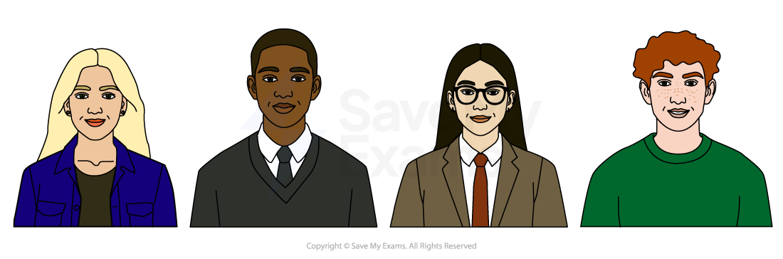 Illustration of four diverse individuals: a blonde woman in blue, a man in a suit, a woman in glasses and a suit, and a red-haired man in green.