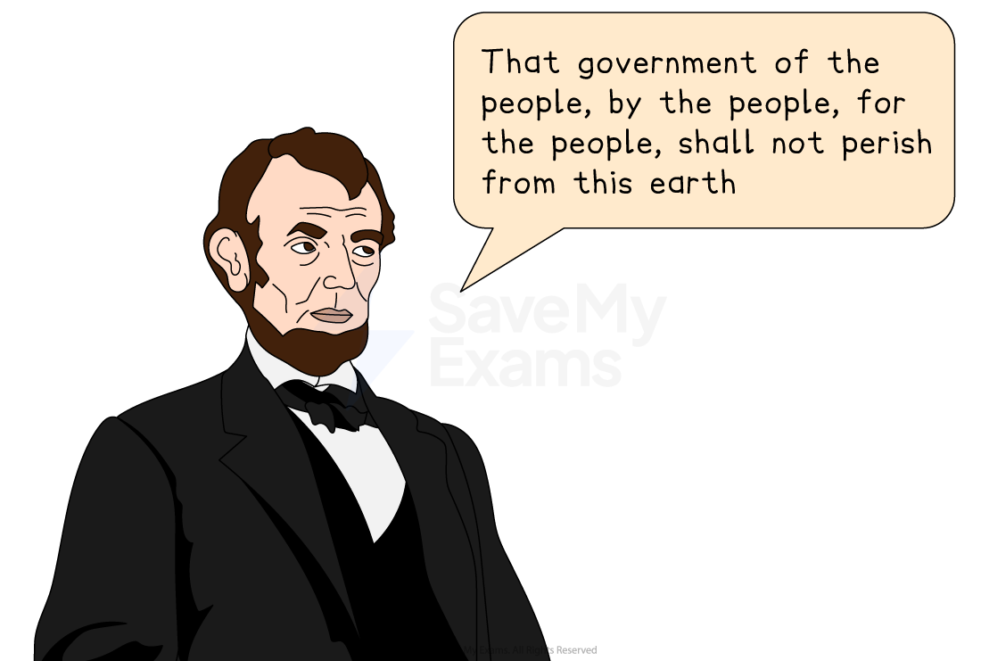 Illustration of a historical figure in a suit delivering a famous quote about democracy, with a speech bubble containing the words.