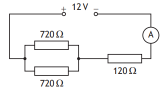 Circuit diagram with a 12V battery, two 720 ohm resistors in parallel, a 120 ohm resistor in series, and an ammeter in the circuit.