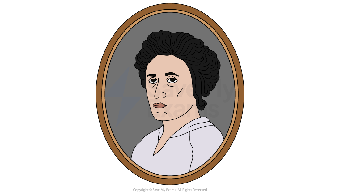 Illustration of a person with curly hair in an oval frame, wearing a light-coloured shirt, set against a grey background.