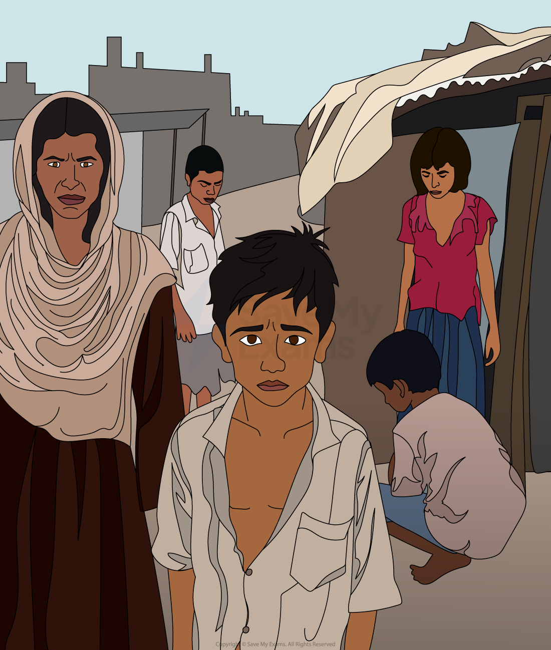 A young boy in an open shirt stands in a crowded slum area, with somber adults and children around, surrounded by makeshift housing.