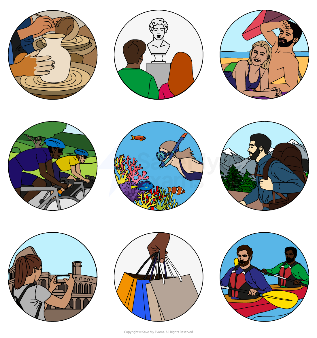 Nine circular images showing pottery, art viewing, beach relaxation, cycling, snorkelling, hiking, photography, shopping, and kayaking.