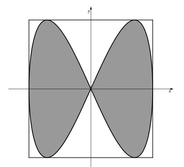 Graph of two overlapping shaded teardrop shapes centred at the origin on the xy-plane, enclosed within a square, with axes labelled x and y.