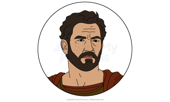 Illustration of a man with dark curly hair and a beard, wearing a brown robe, in a circular frame with a neutral expression.