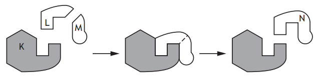 Three-step enzyme reaction showing substrates L and M combining into complex, then converting into product N, leaving enzyme K unchanged.