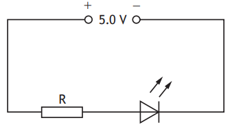 Electrical circuit diagram with a 5V battery, resistor labelled R, and a LED, connected in series.