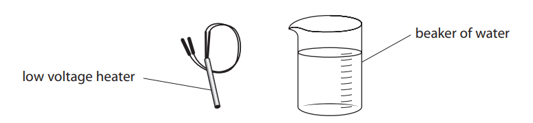 Diagram showing a low voltage heater with wires on the left and a labelled beaker of water with measurement markings on the right.