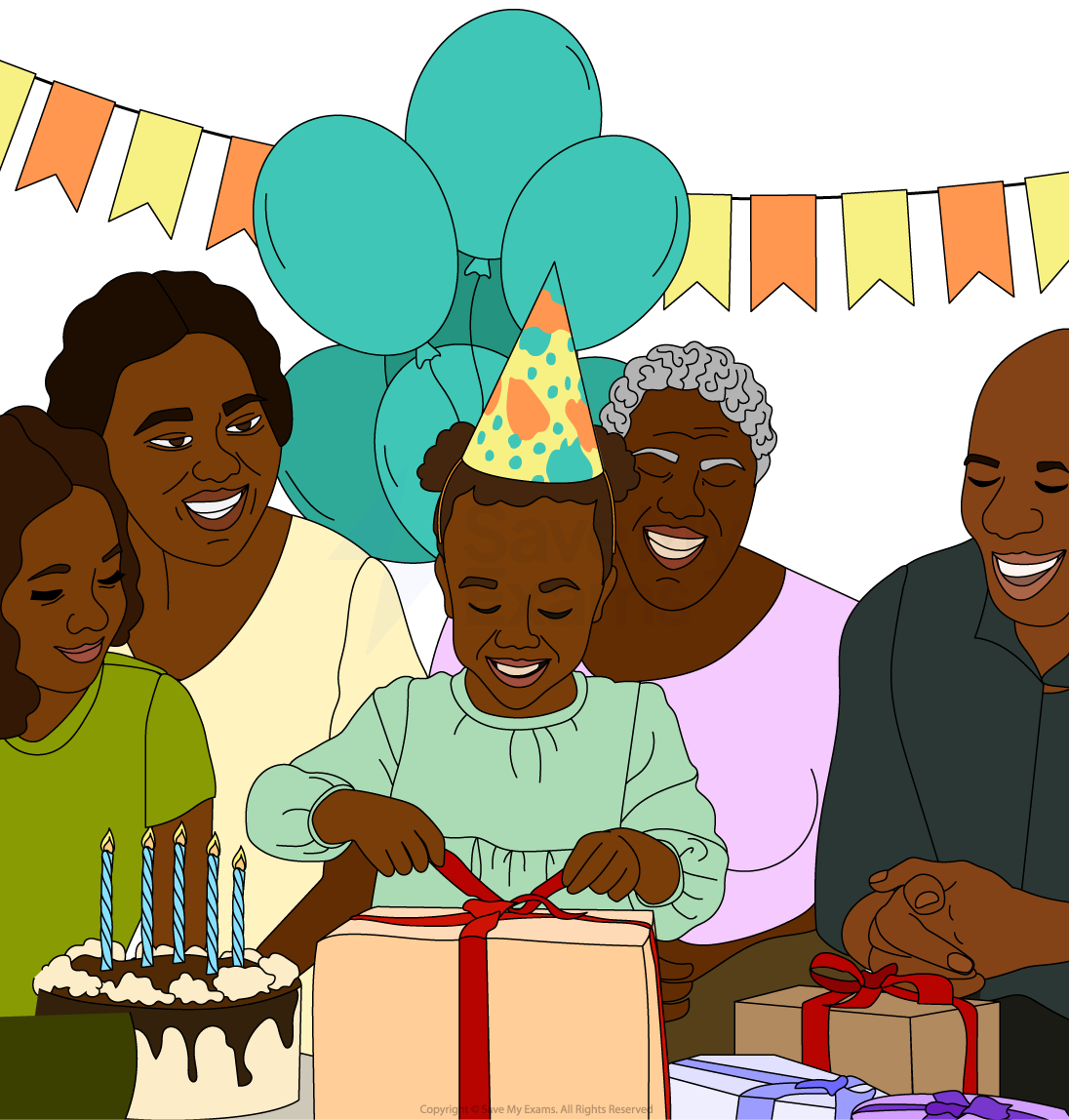 Child in a party hat opening a gift, surrounded by smiling family. A cake with lit candles, balloons, and colourful bunting are in the background.