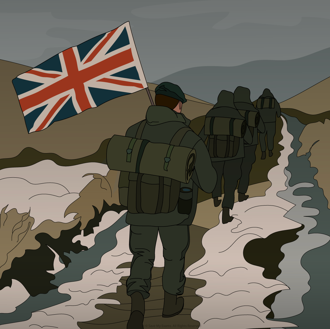 Soldiers in green uniforms trek along a snowy path, with one carrying a Union Jack flag. Dark, overcast sky and rolling hills in the background.