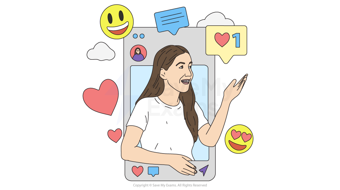 A woman smiling while surrounded by social media icons like hearts, emojis, and chat bubbles, with a phone frame in the background.