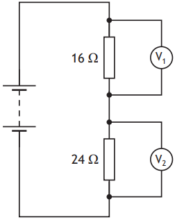 Circuit diagram showing a battery, two resistors (16Ω and 24Ω) in parallel with voltmeters V1 and V2 measuring voltage across each resistor.