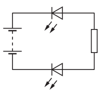 Simple electrical circuit diagram featuring two diodes, a power source, and a resistor, arranged in a rectangular layout with directional arrows.