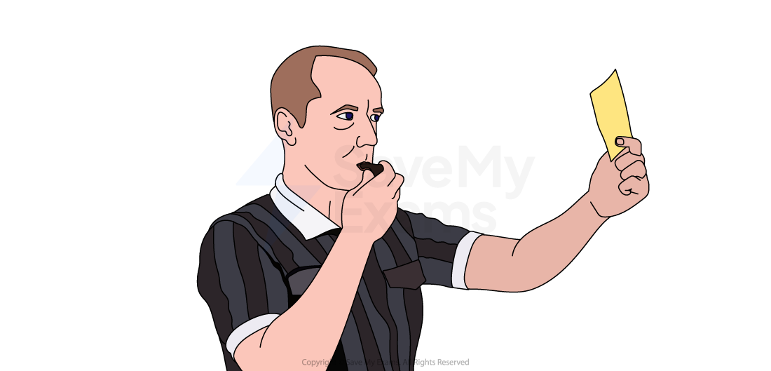 Referee in black and white kit blowing a whistle and holding up a yellow card, signalling a warning during a sports match.