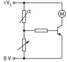 Electronic circuit diagram with variable resistors, transistor, and motor connected to a power source labelled +Vs and 0V at the bottom.