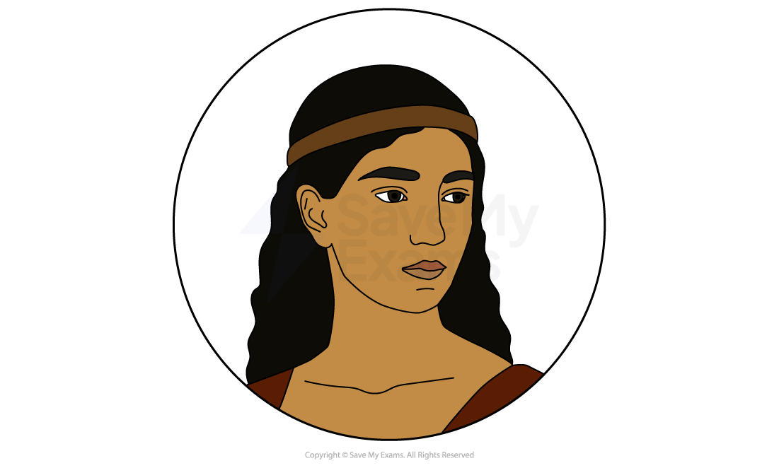 Illustration of a person with long hair and a headband gazing to the left, wearing a brown top, enclosed in a circular frame against a white background.