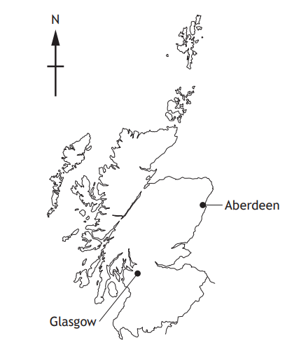 Map of Scotland with major cities marked: Glasgow in the southwest and Aberdeen in the northeast; north arrow indicates orientation.