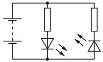 Electrical circuit diagram with a battery, two resistors, an LED, and a diode in series. Arrows indicate LED light emission direction.
