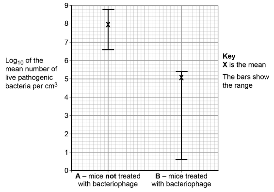 Graph comparing pathogenic bacteria in mice, with and without bacteriophage treatment; mean and range are shown. Y-axis: log scale.